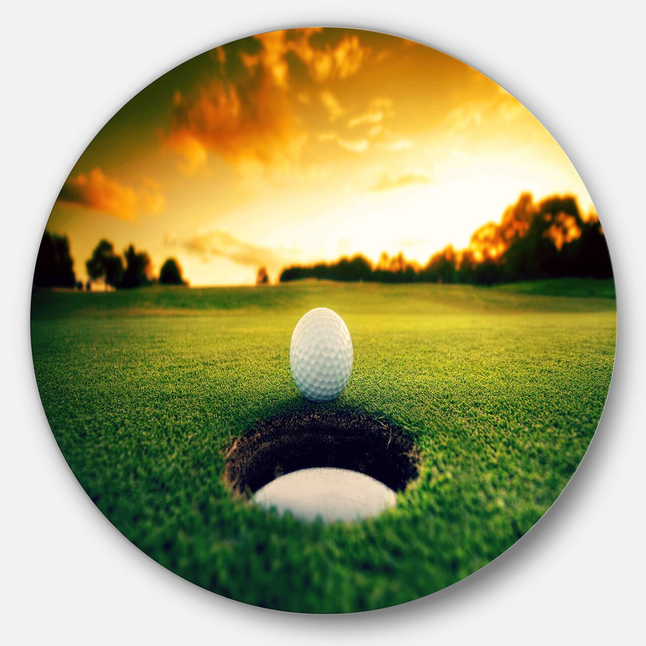 Designart - Golf Ball Near Hole' Landscape Metal Circle Wall Art